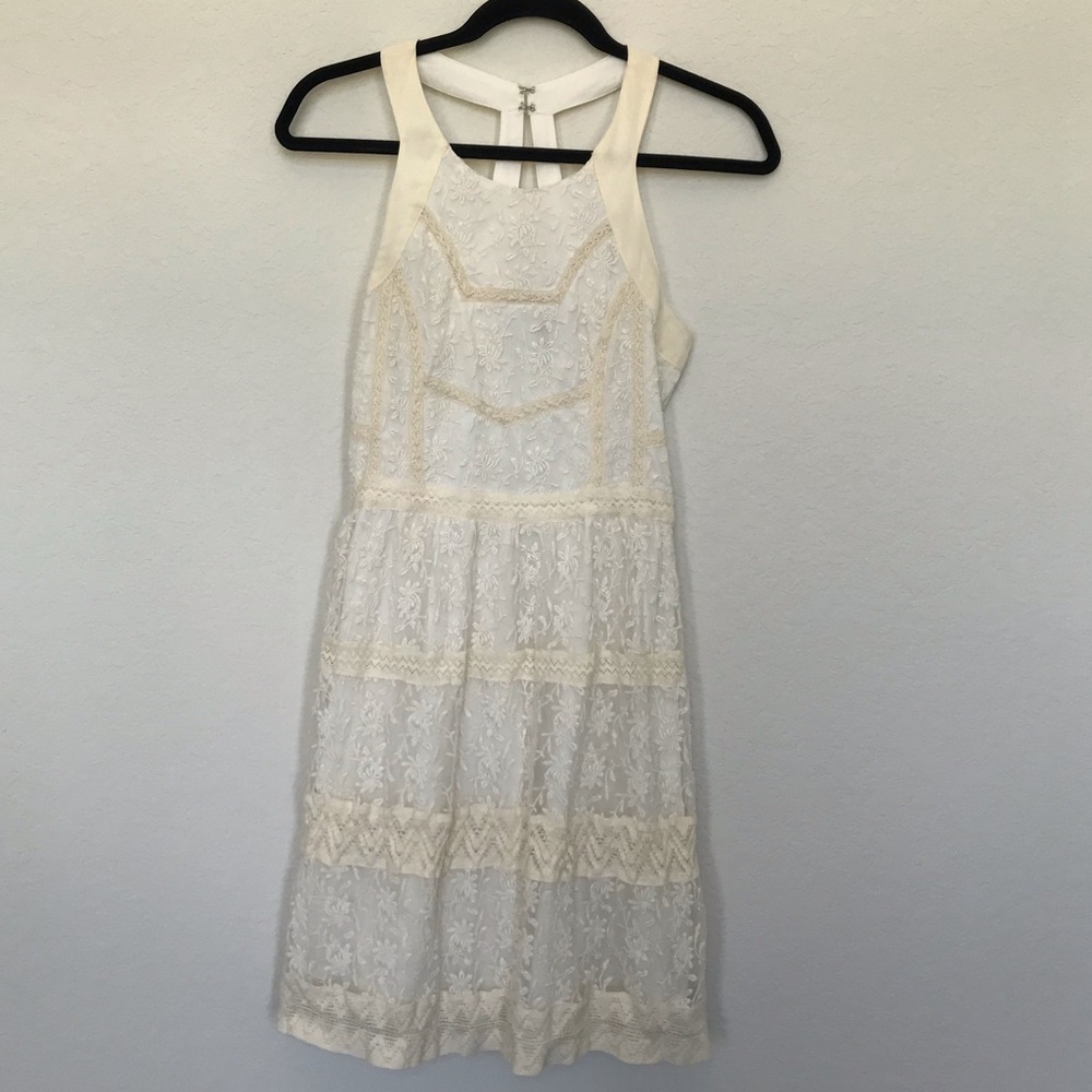 American Eagle Cream High Neck Lace Skater Dress